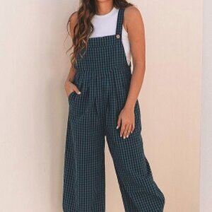 Sail Blue Plaid Print Buttoned Pocketed High Waist Overall